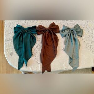 Chic Trio of Hand Made Hair Silk-Like Bows With Clips in Gray , Brown, and Teal